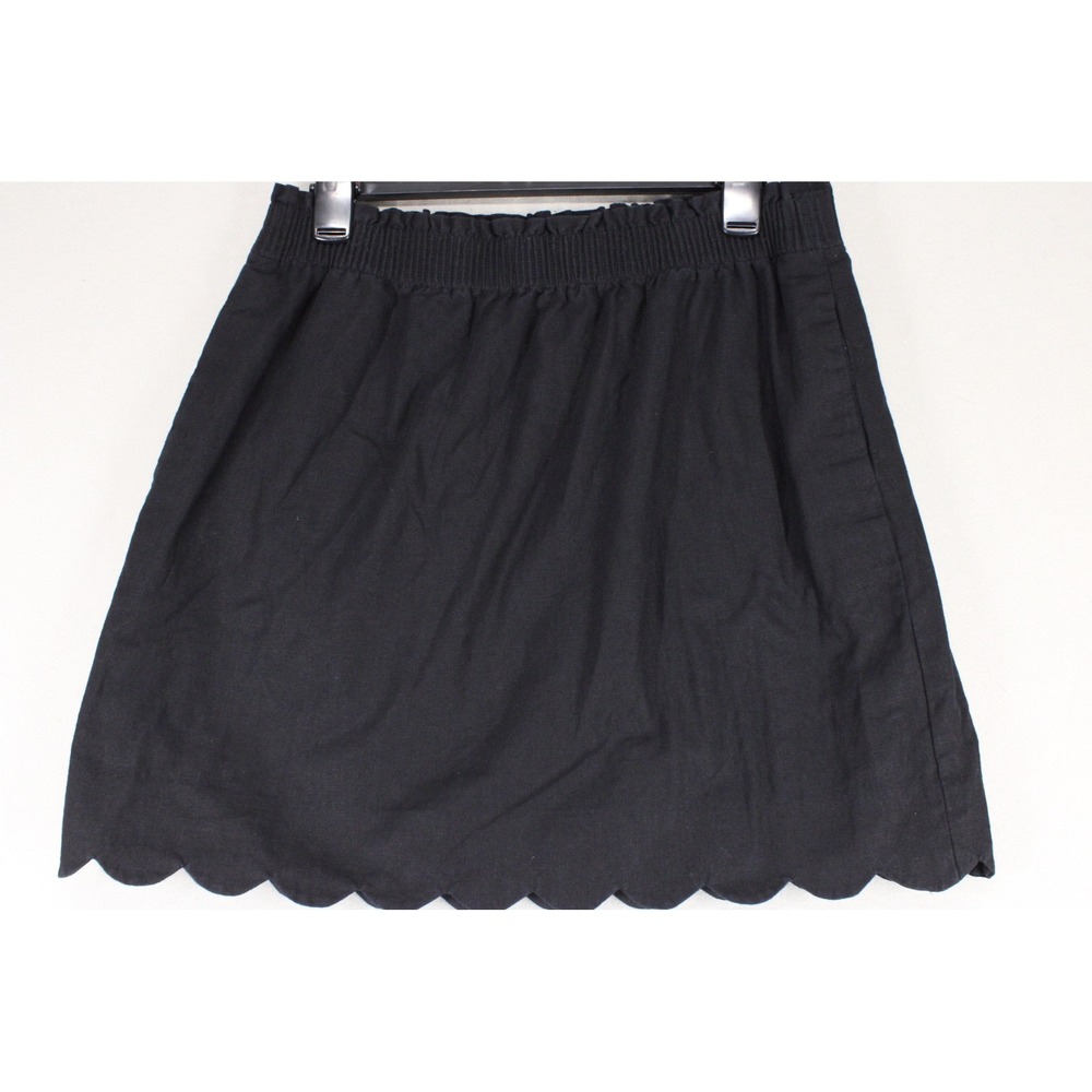 J.Crew Skirt Scalloped Hem Women 10 Black Linen Blend Smocked Preppy Chic